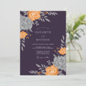 Pruim Oranje Ranunculus Eucalyptus Bruiloft Kaart (Staand voorkant)