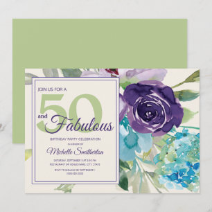 Pruim Paars Blauw Aquarel Bloemig 50 en Fabulous Kaart
