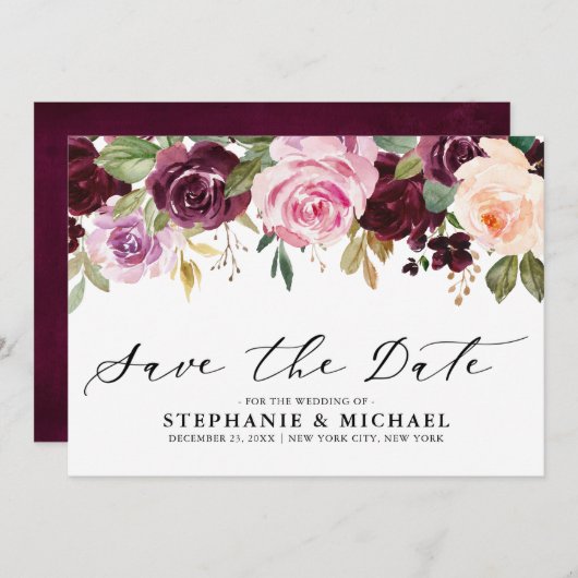Pruim Paars Blush Roze Botanisch Bloemend Huwelijk Save The Date (Voorkant / Achterkant)