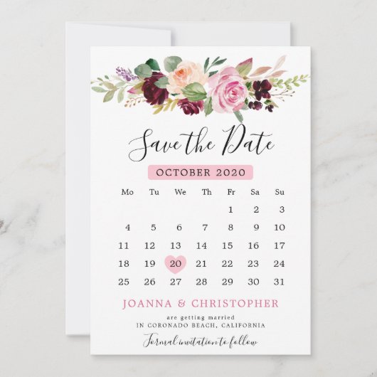 Pruim Paars Blush Roze Botanische Bloemencalender Save The Date (Voorkant)