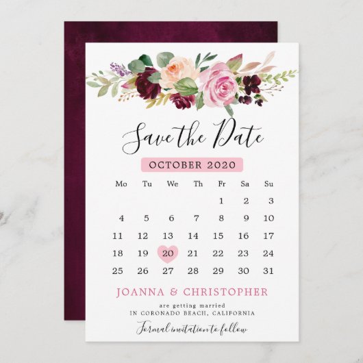 Pruim Paars Blush Roze Botanische Bloemencalender Save The Date (Voorkant / Achterkant)