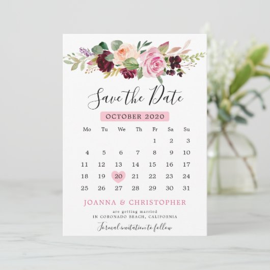 Pruim Paars Blush Roze Botanische Bloemenkalender Save The Date (Staand voorkant)