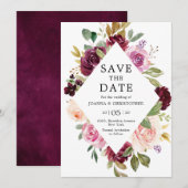 Pruim Paars Blush Roze Geometrische Bloemige Trouw Save The Date (Voorkant / Achterkant)