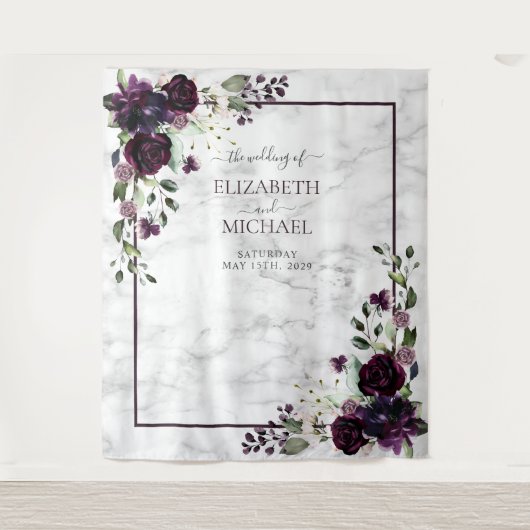 Pruim Paars Goud Aquarel Marmer Foto Bruiloft Wandkleed (Voorkant)