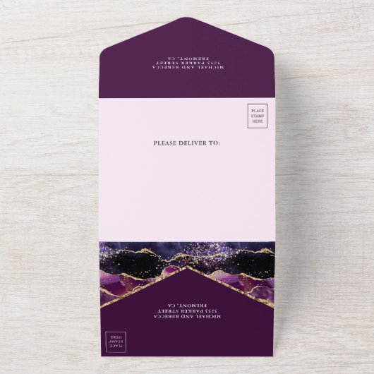 Pruim Paars Goud Glitter Agate Marmeren Bruiloft All In One Uitnodiging (Buitenkant)