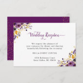 Pruim Paars Gouden Bloemige Trouwreceptie Details Kaart (Voorkant / Achterkant)