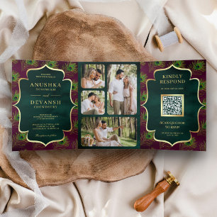 Pruim Paars Groene Pauwveren QR Code Bruiloft Drieluik Uitnodiging