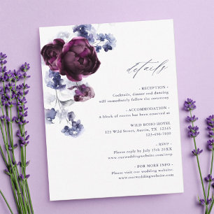 Pruim Paars & Indigo Blauw Bloemige Trouwdetails Informatiekaartje