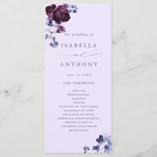 Pruim Paars & Indigo Blauw Elegant Bloem Bruiloft Programmakaart (Voorkant)