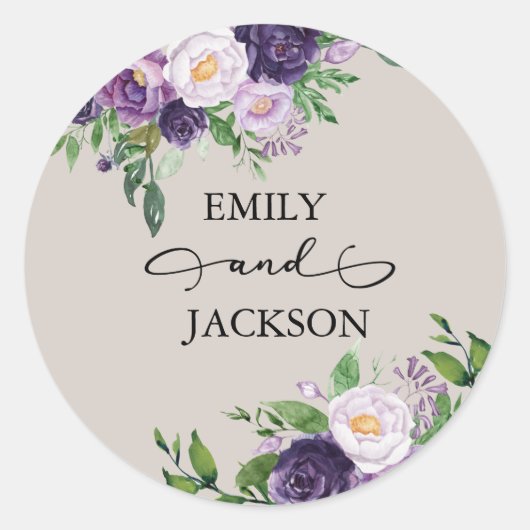 Pruim Paars Lavendel Groene Gray Bruiloft Ronde Sticker (Voorkant)