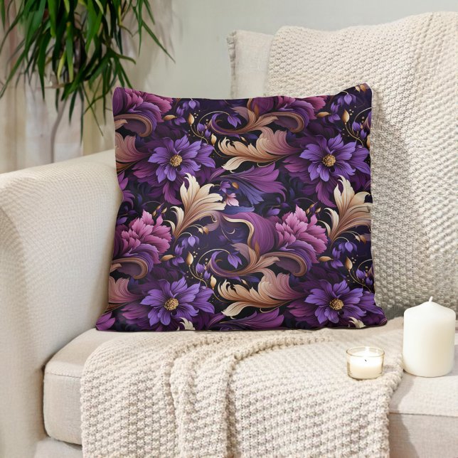 Pruim Paars Mauve Goud Weelderig Barok  Kussen (Plum purple, mauve, baroque-style flowers and leaves luxury pillow)