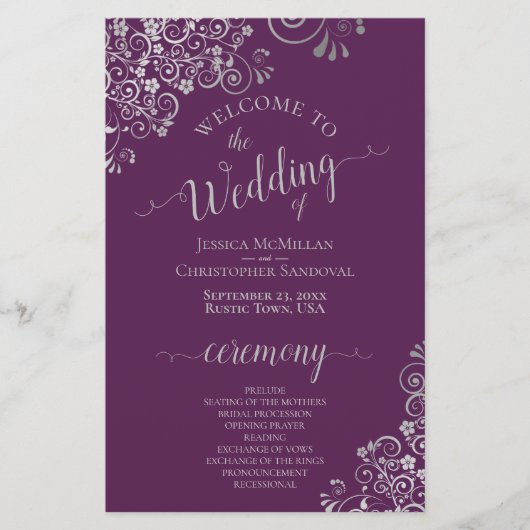 Pruim Paars & Zilveren Krullen Bruiloftsprogramma (Voorkant)