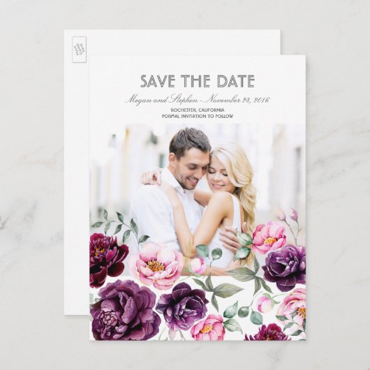 Pruim Paarse Bloemen Waterverven Foto Save the Dat Aankondigingskaart (Voorkant / Achterkant)