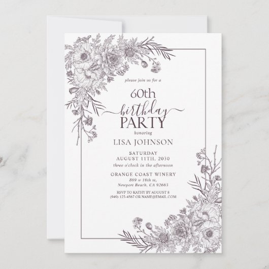  Pruim Paarse Bloemenlijn Art 60e Verjaardag Kaart (Voorkant)