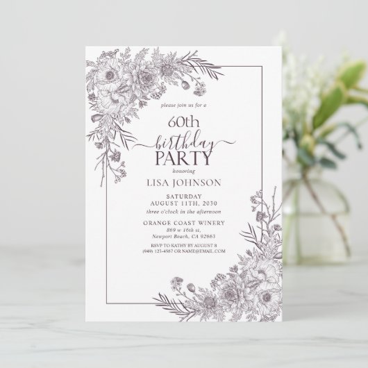  Pruim Paarse Bloemenlijn Art 60e Verjaardag Kaart (Staand voorkant)