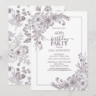 Pruim Paarse Bloemenlijn Art 60e Verjaardag Kaart