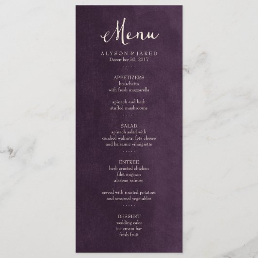 Pruim Paarse Bruiloft Menu Kaart (Voorkant)