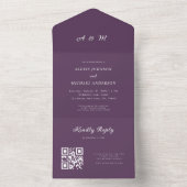 Pruim Paarse Elegante Monogram QR Code Trouwen All In One Uitnodiging (Binnen)