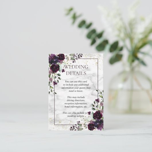 Pruim Paarse Goud Marmer Bloemen Bruiloft Details Informatiekaartje (Staand voorkant)