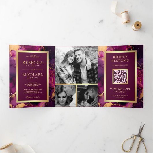 Pruim Paarse Gouden Vloeibare Inkt QR Code Bruilof Drieluik Uitnodiging (Binnen)