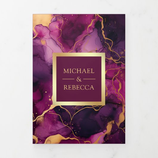 Pruim Paarse Gouden Vloeibare Inkt QR Code Bruilof Drieluik Uitnodiging (Cover)