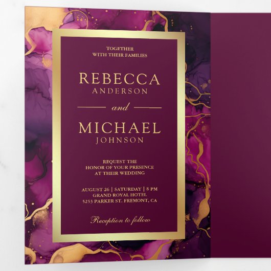 Pruim Paarse Gouden Vloeibare Inkt QR Code Bruilof Drieluik Uitnodiging (Binnenzijde eerst)