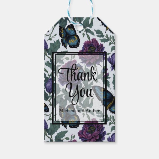 pruim paarse magenta bloemenvlinders cadeaulabel (Voorkant)