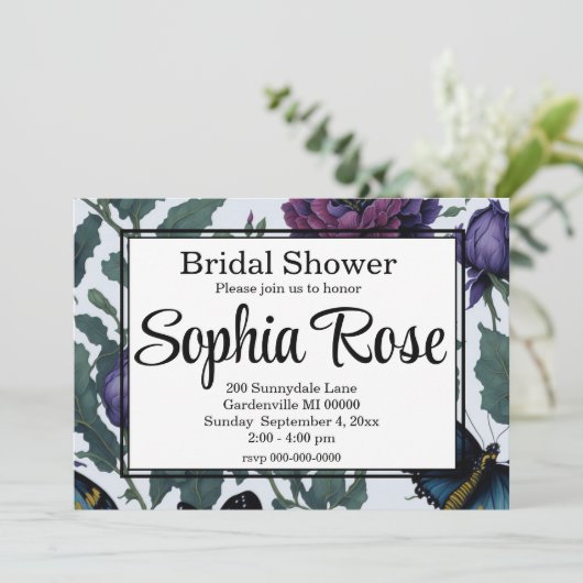  pruim paarse magenta bloemenvlinders kaart (Staand voorkant)