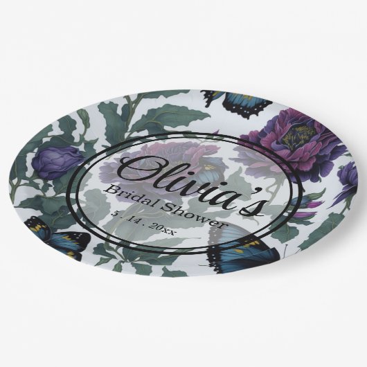  pruim paarse magenta bloemenvlinders papieren bordje (Gekanteld)