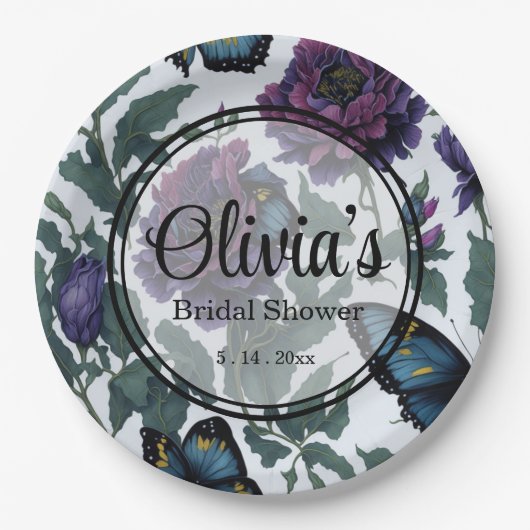  pruim paarse magenta bloemenvlinders papieren bordje (Voorkant)