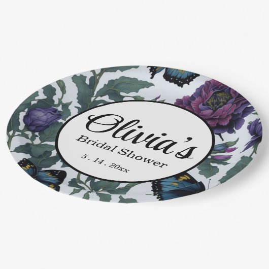  pruim paarse magenta bloemenvlinders papieren bordje (Gekanteld)