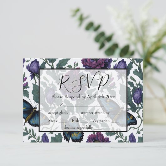  pruim paarse magenta bloemenvlinders RSVP kaartje (Staand voorkant)