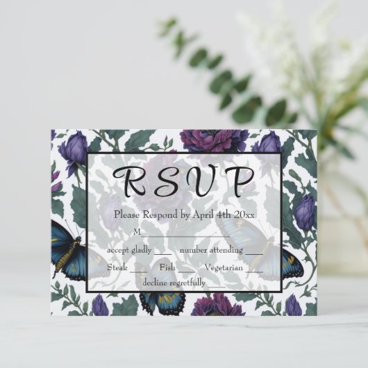  pruim paarse magenta bloemenvlinders RSVP kaartje (Staand voorkant)