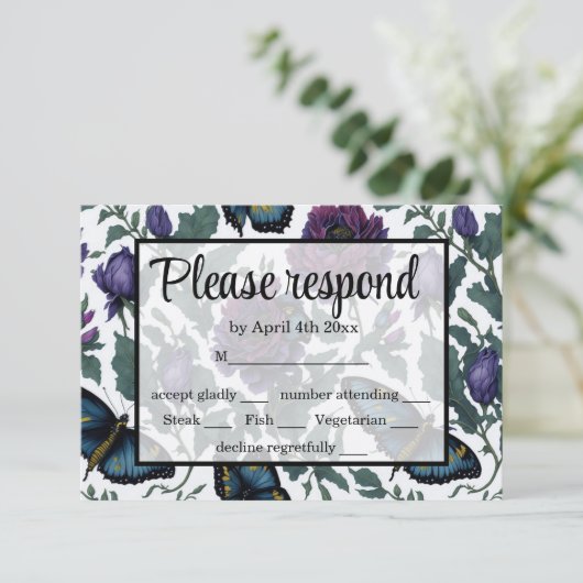  pruim paarse magenta bloemenvlinders RSVP kaartje (Staand voorkant)