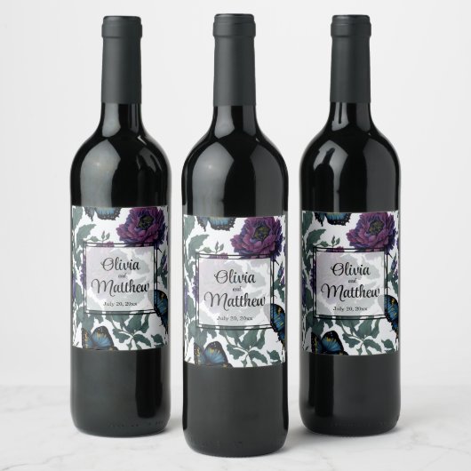  pruim paarse magenta bloemenvlinders wijn etiket (Flessen)