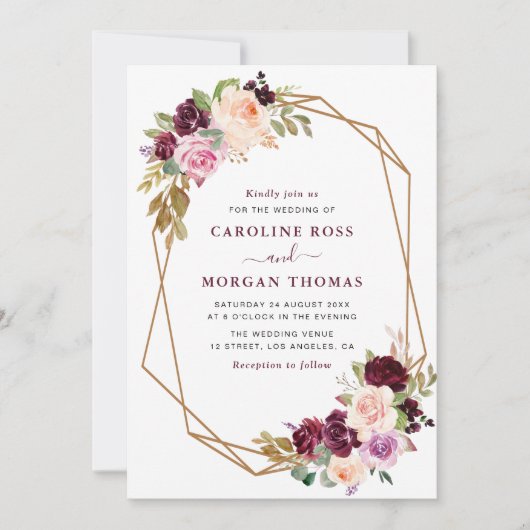 Pruim paarse & perzik bloemengeometrische bruiloft kaart (Voorkant)