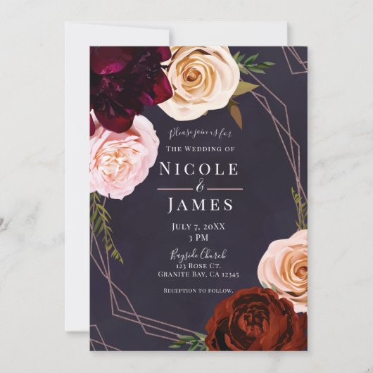 Pruim Paarse Roos Goud Modern Rustiek Bloemen Brui Kaart (Voorkant)