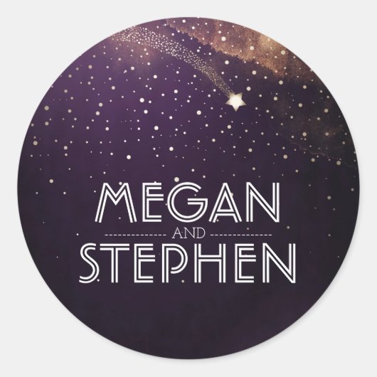 Pruim Paarse Sterrennacht Schieten Star Bruiloft Ronde Sticker (Voorkant)