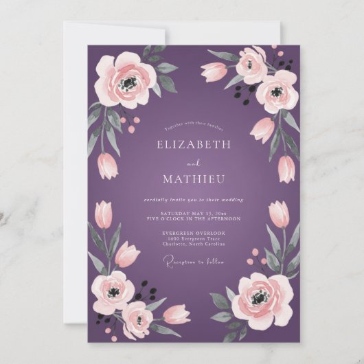 Pruim Perzik Ranunculus Eucalyptus Bruiloft Kaart (Voorkant)