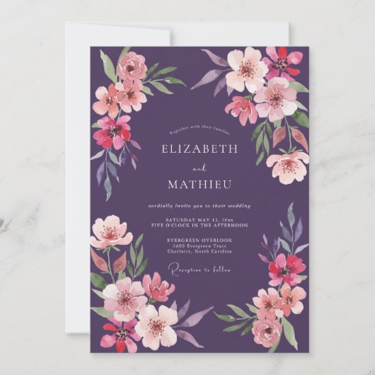 Pruim Perzik Wilde Bloemen Bruiloft Kaart (Voorkant)
