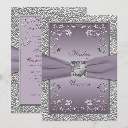 Pruim, Pewter Floral Monogrammed Bruiloft Uitnodig Kaart (Voorkant / Achterkant)