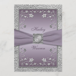 Pruim, Pewter Floral Monogrammed Bruiloft Uitnodig Kaart