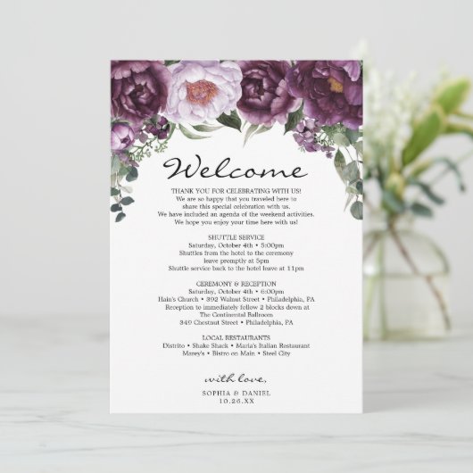 Pruim Pioenensamenstelling Bruiloft Welkom Program Programmakaart (Staand voorkant)