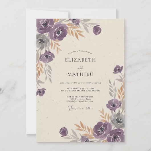 Pruim Ranunculus Goud Gedempte Eucalyptus Bruiloft Kaart (Voorkant)