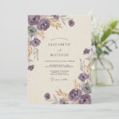 Pruim Ranunculus Goud Gedempte Eucalyptus Bruiloft Kaart (Staand voorkant)