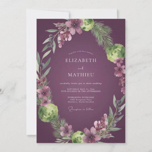 Pruim Ranunculus Loof Dusty Eucalyptus Bruiloft Kaart (Voorkant)