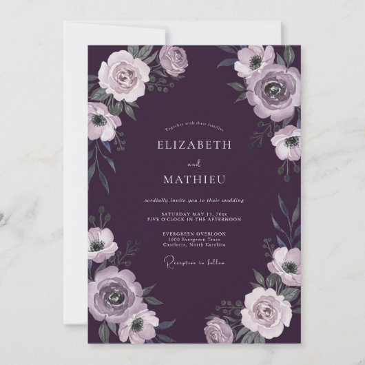 Pruim Ranunculus Loof Eucalyptus Bruiloft Kaart (Voorkant)