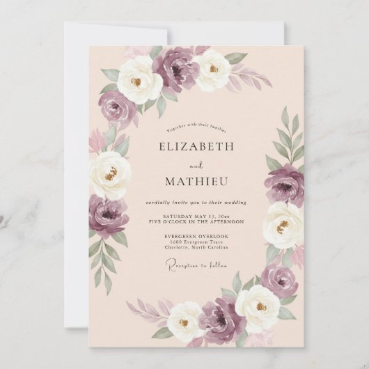 Pruim Ranunculus Zachte Crème Eucalyptus Bruiloft Kaart (Voorkant)