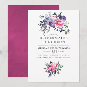 Pruim & Roze Aquarel Bloemen Bruidsmeisjes Lunch Kaart