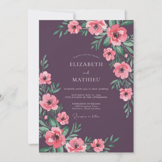 Pruim Roze Botanische Aquarel Bruiloft Kaart (Voorkant)